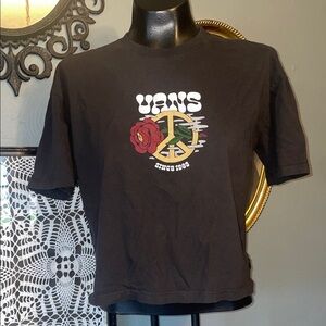 Vans Black Tee with Yellow Peace Sign & Red Rose